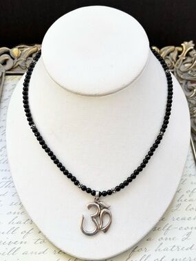 Sterling Silver Om Pendant Black Onyx Bead Necklace